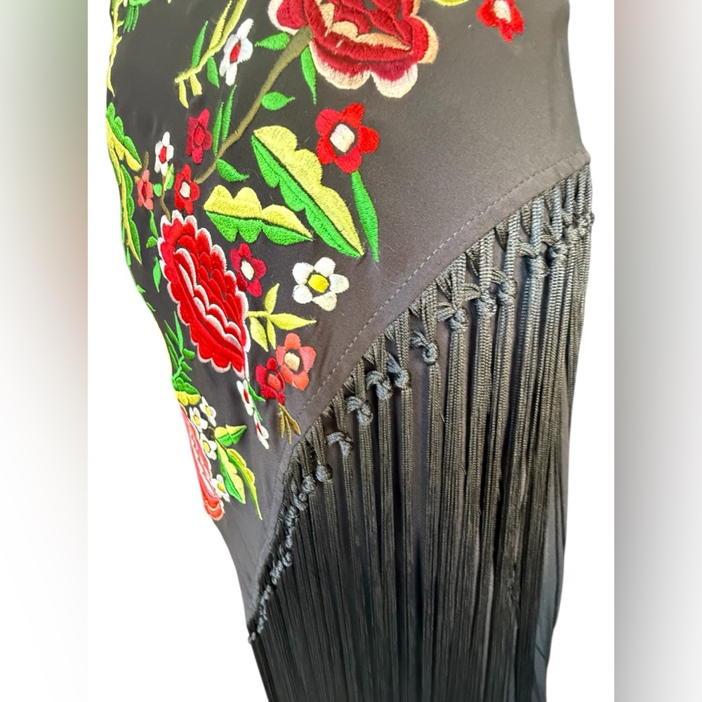 Vintage Moschino Black Sleeveless  embroidered maxi dress with fringe size 8